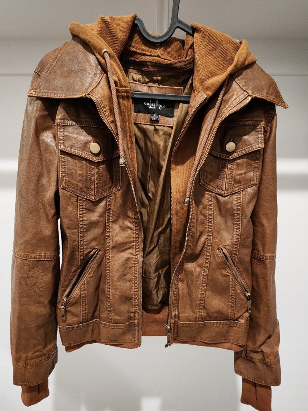 Coalition LA Brown Vegan Leather Hooded Jacket Size Small